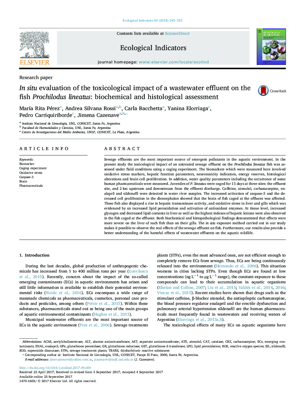 Research paperIn situ evaluation of the toxicological impact of a wastewater effluent on the fish Prochilodus lineatus: biochemical and histological assessment