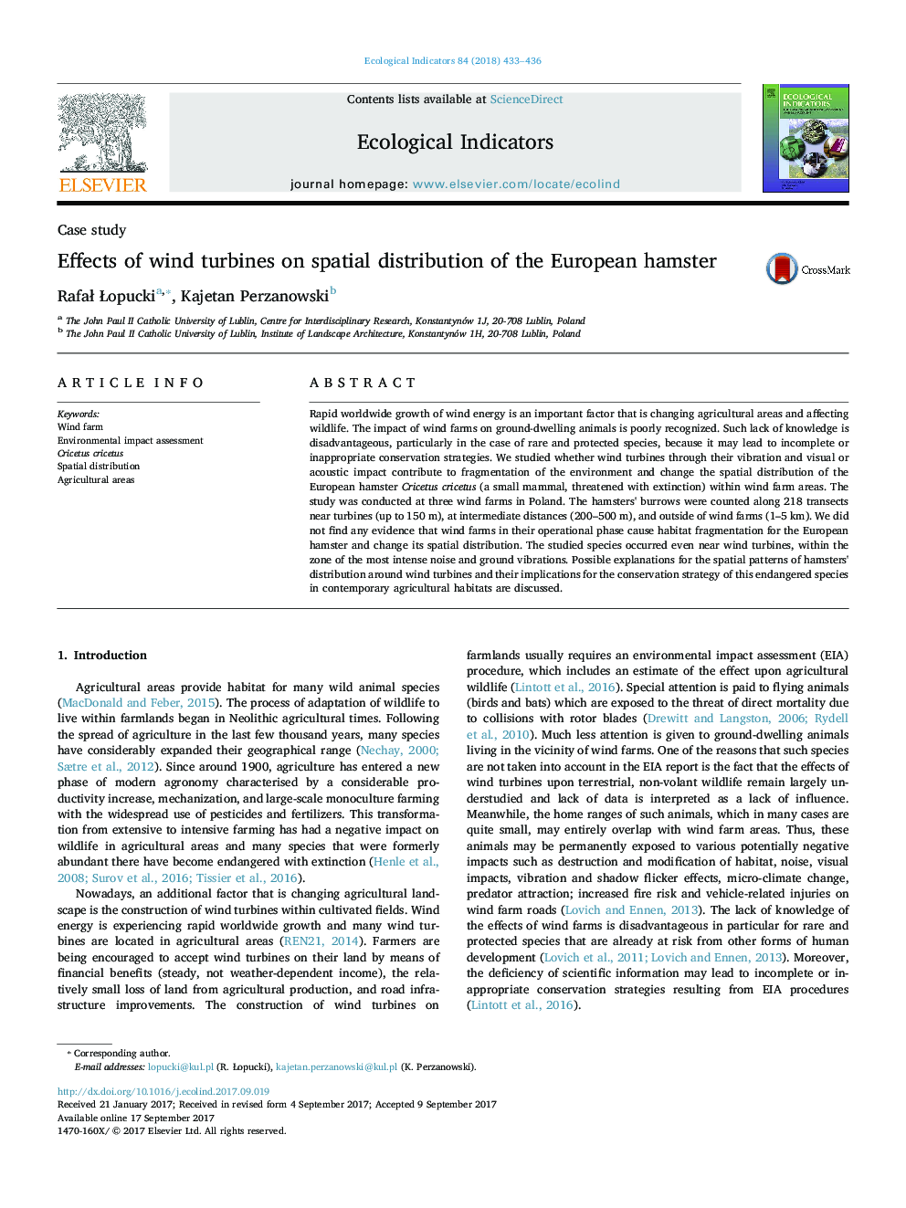 Case studyEffects of wind turbines on spatial distribution of the European hamster