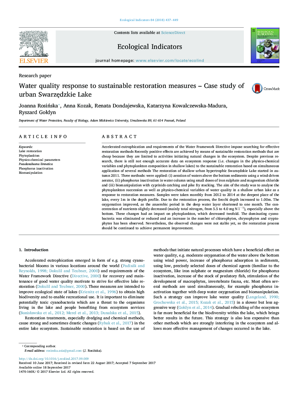 Research paperWater quality response to sustainable restoration measures - Case study of urban SwarzÄdzkie Lake