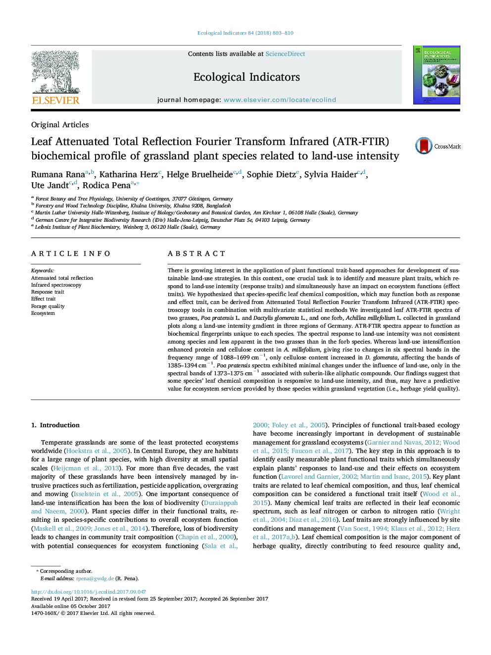 Original ArticlesLeaf Attenuated Total Reflection Fourier Transform Infrared (ATR-FTIR) biochemical profile of grassland plant species related to land-use intensity