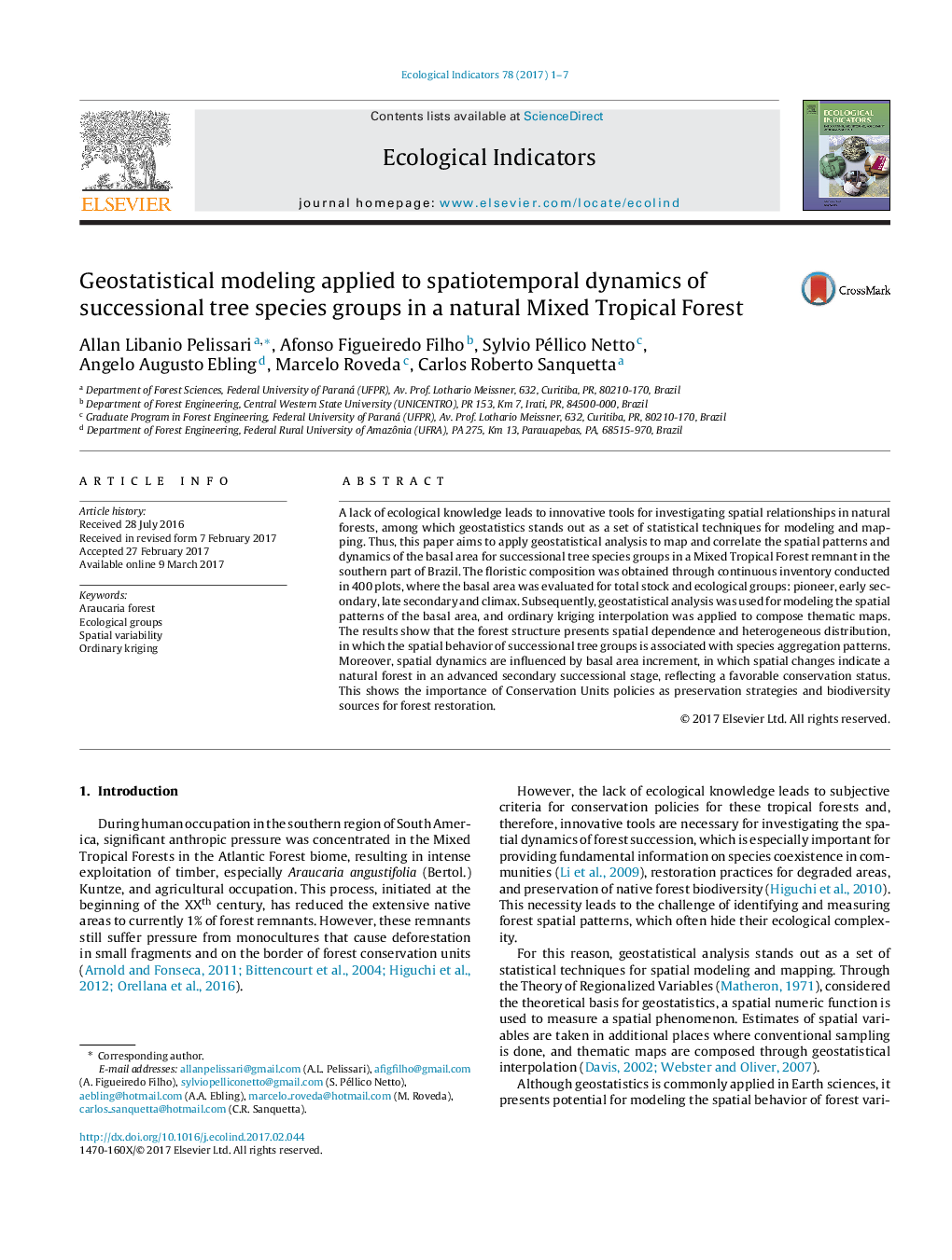 Geostatistical modeling applied to spatiotemporal dynamics of successional tree species groups in a natural Mixed Tropical Forest