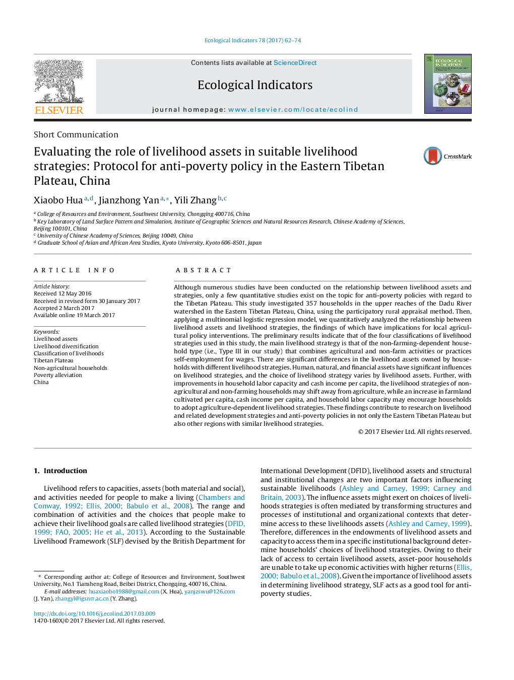 Short CommunicationEvaluating the role of livelihood assets in suitable livelihood strategies: Protocol for anti-poverty policy in the Eastern Tibetan Plateau, China