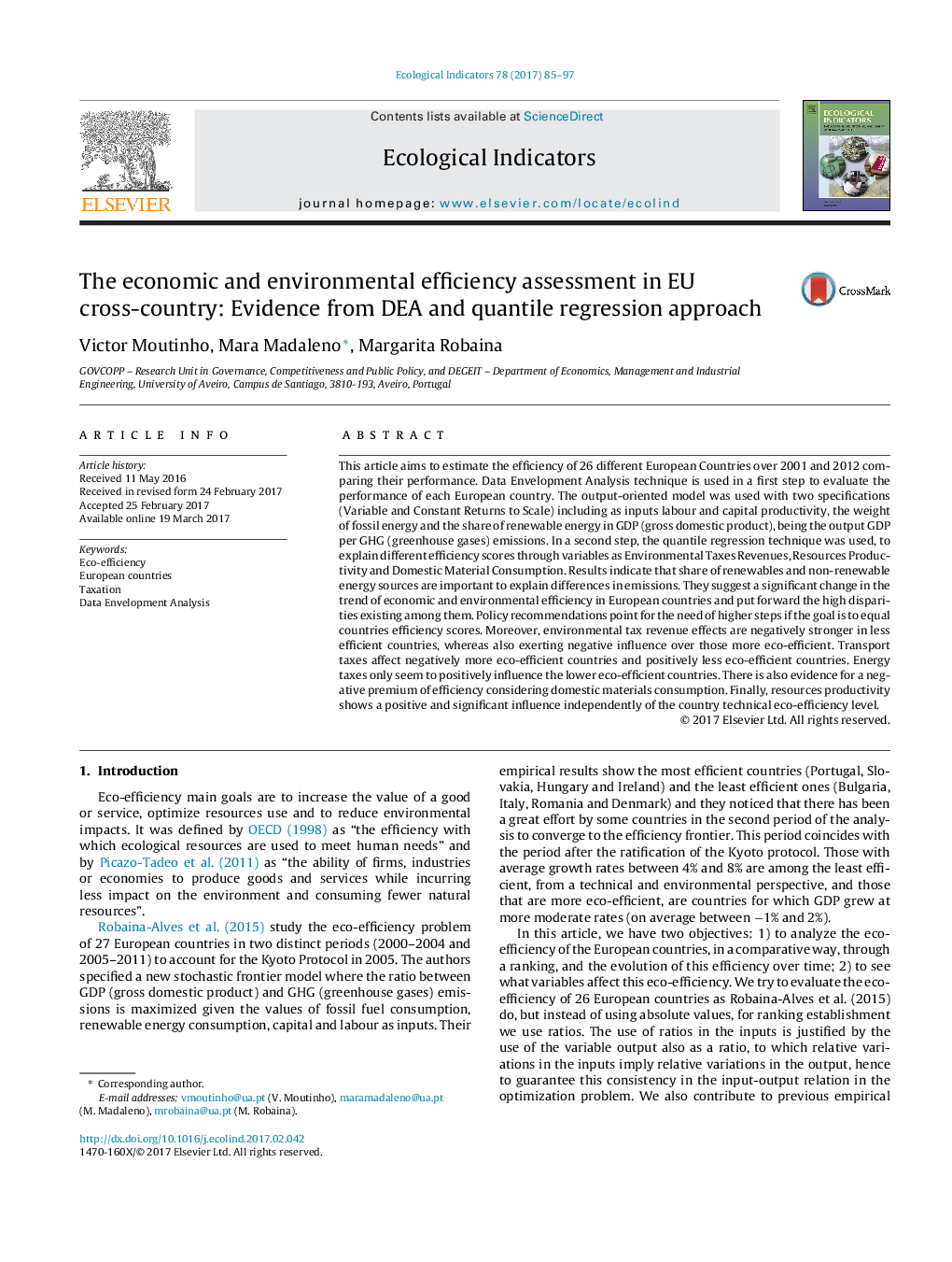 The economic and environmental efficiency assessment in EU cross-country: Evidence from DEA and quantile regression approach