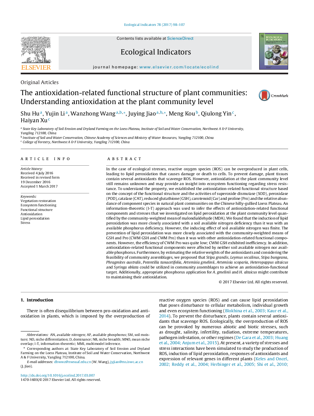 The antioxidation-related functional structure of plant communities: Understanding antioxidation at the plant community level