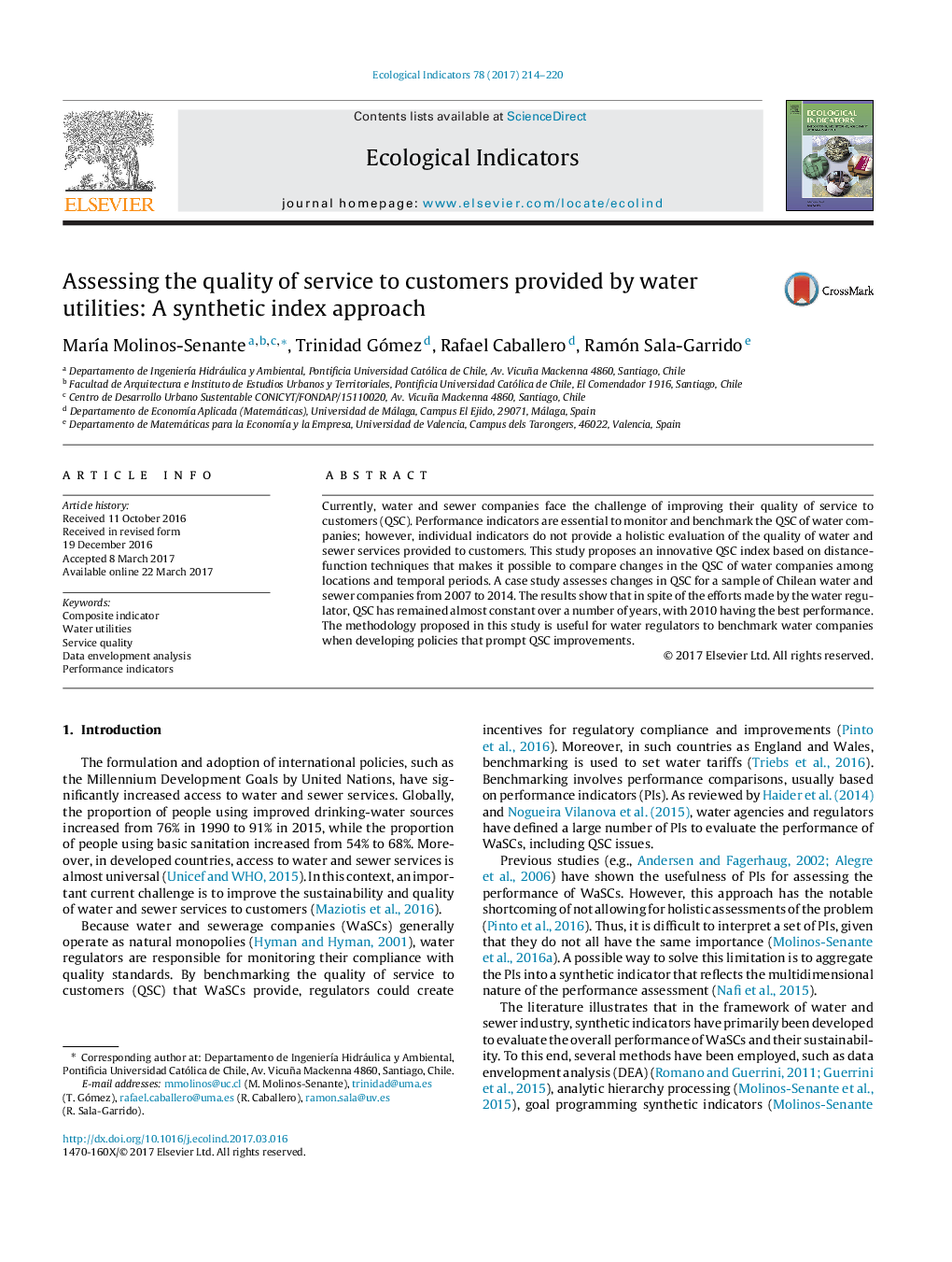 Assessing the quality of service to customers provided by water utilities: A synthetic index approach