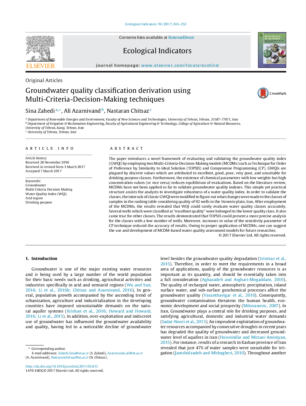 Groundwater quality classification derivation using Multi-Criteria-Decision-Making techniques