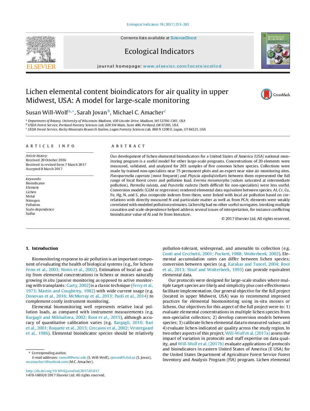 Lichen elemental content bioindicators for air quality in upper Midwest, USA: A model for large-scale monitoring