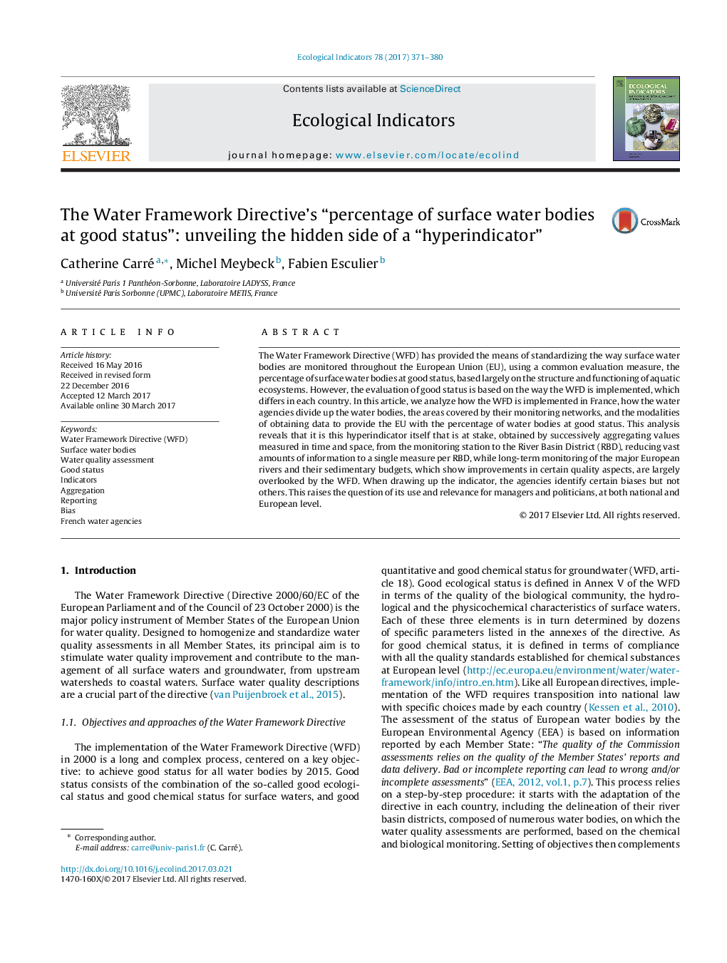 The Water Framework Directive's “percentage of surface water bodies at good status”: unveiling the hidden side of a “hyperindicator”