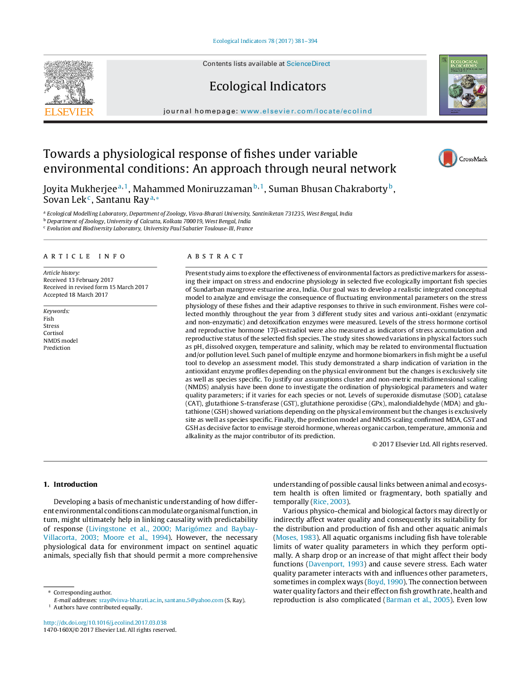 Towards a physiological response of fishes under variable environmental conditions: An approach through neural network