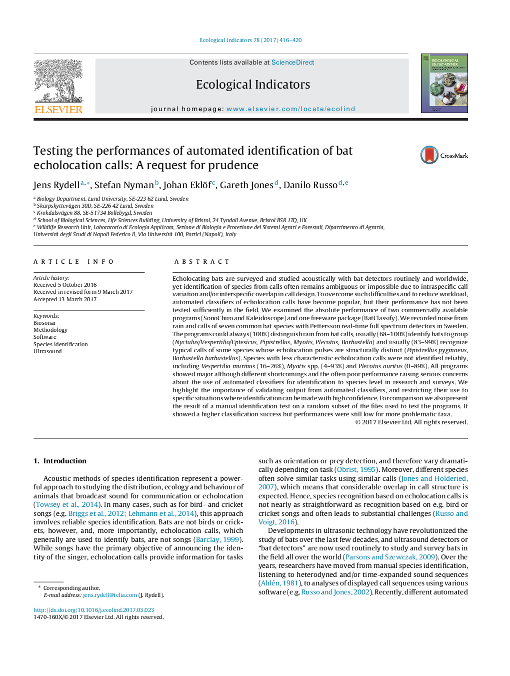 Testing the performances of automated identification of bat echolocation calls: A request for prudence