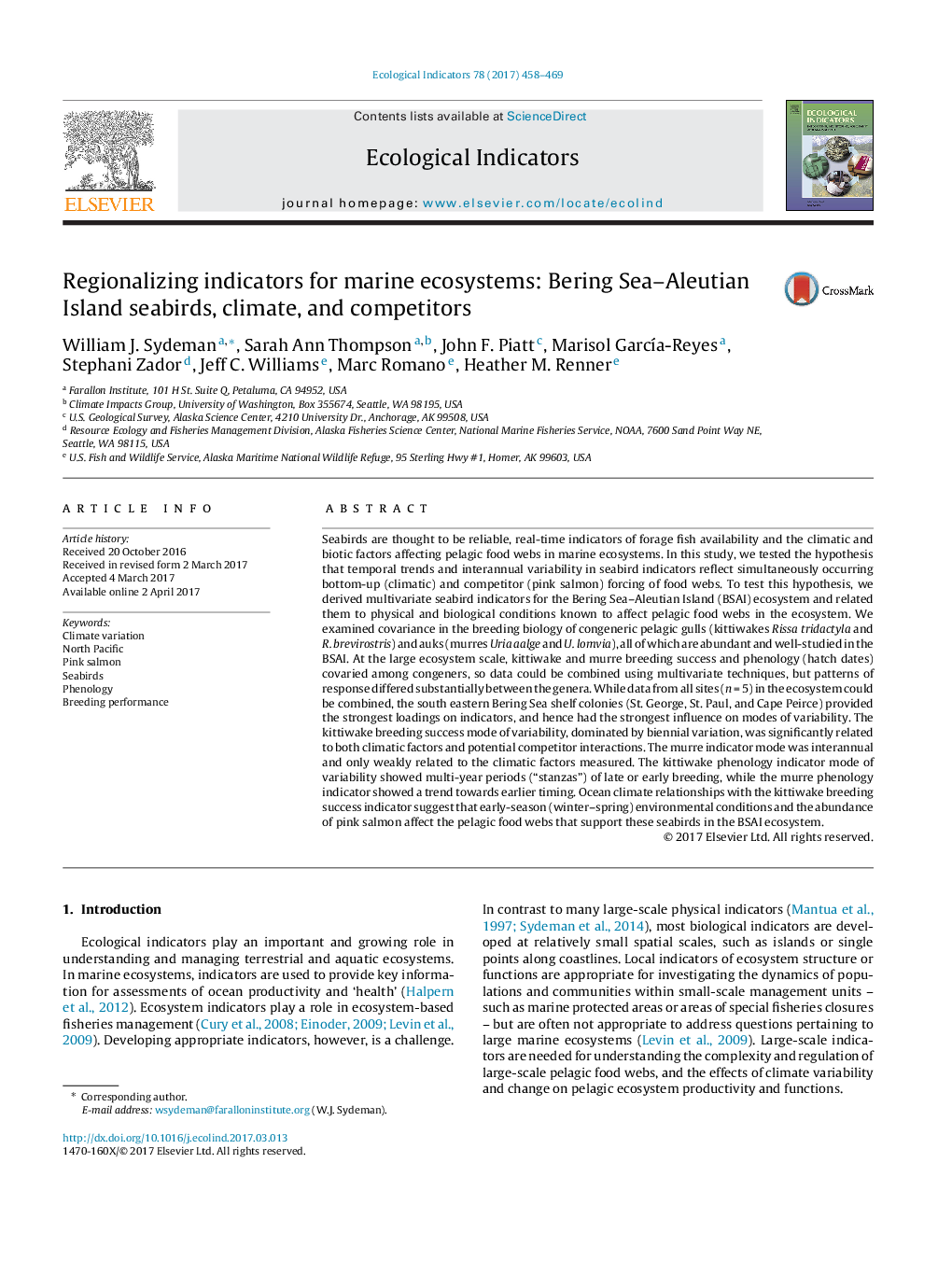 Regionalizing indicators for marine ecosystems: Bering Sea-Aleutian Island seabirds, climate, and competitors