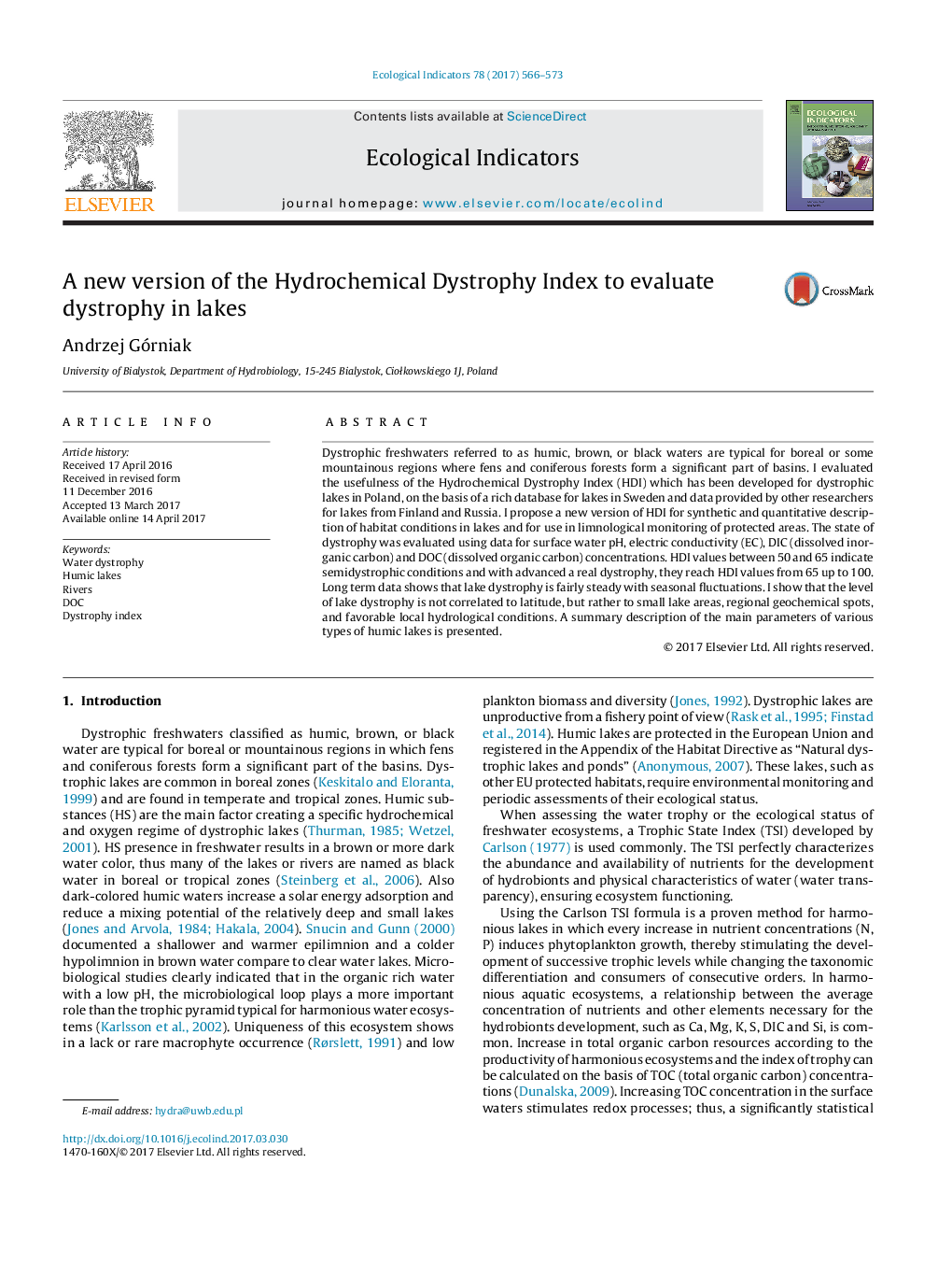 A new version of the Hydrochemical Dystrophy Index to evaluate dystrophy in lakes