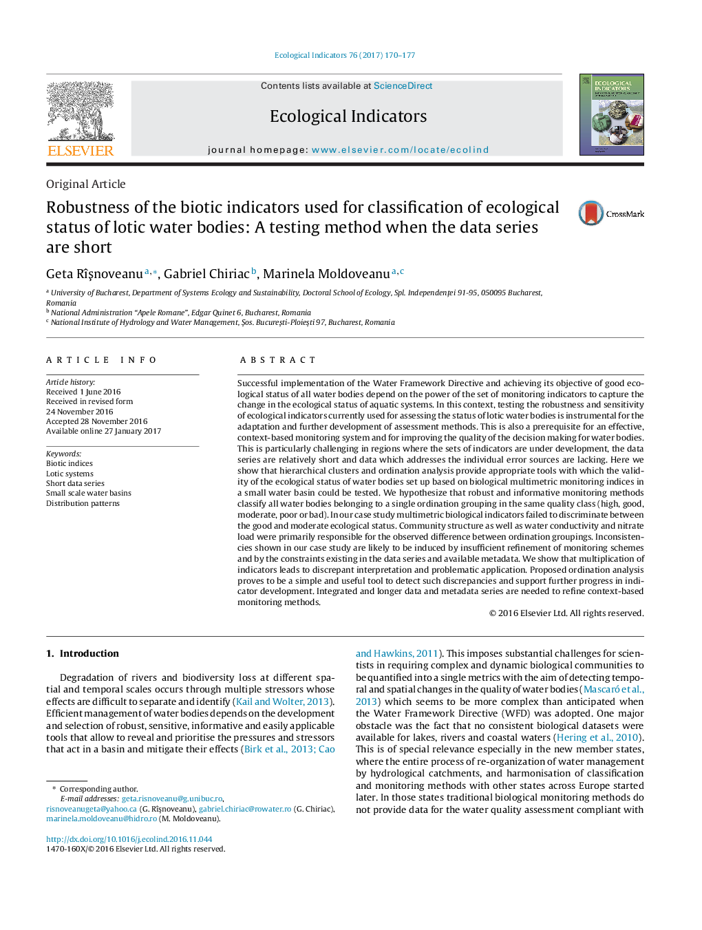 Original ArticleRobustness of the biotic indicators used for classification of ecological status of lotic water bodies: A testing method when the data series are short