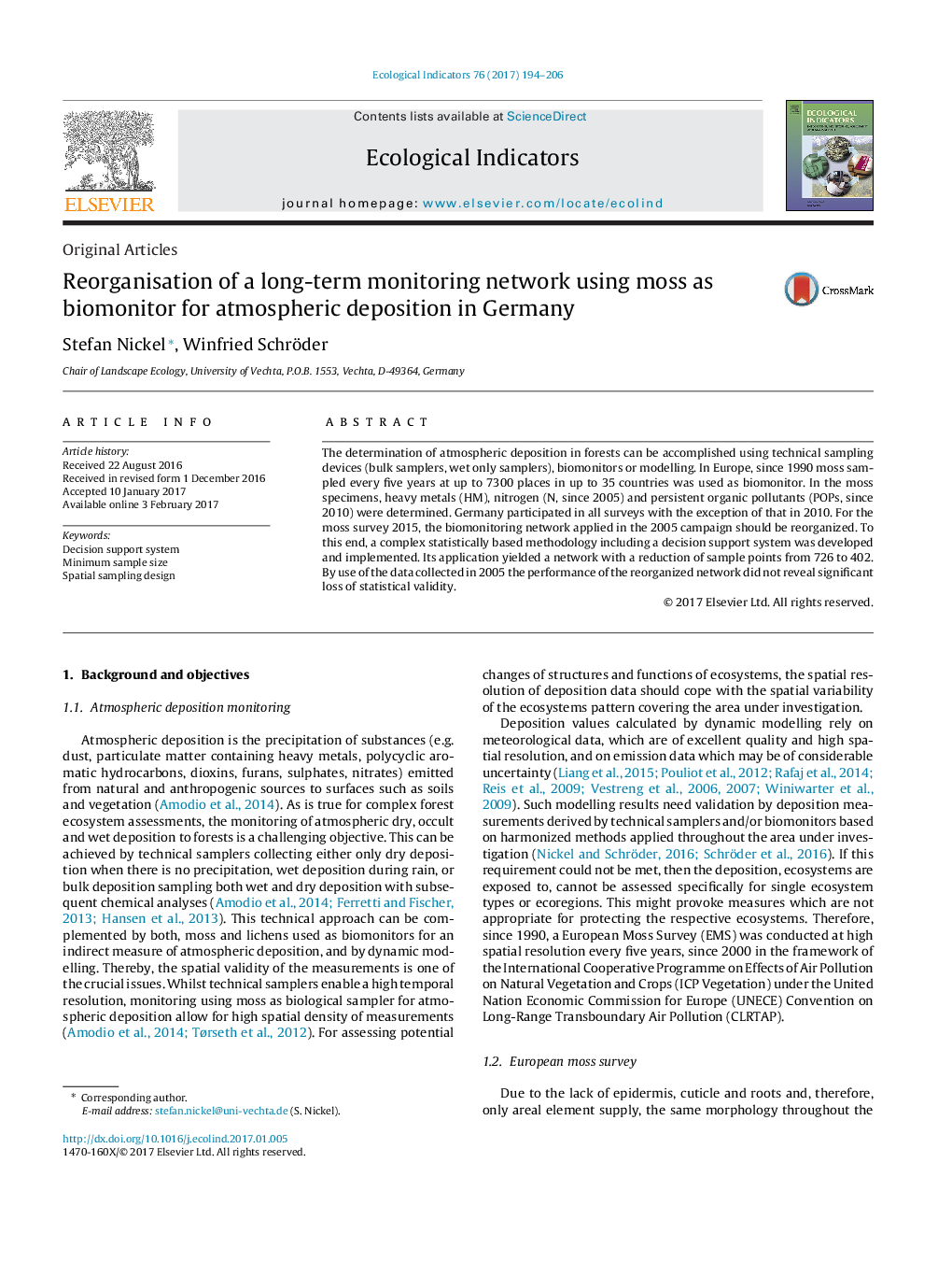 Original ArticlesReorganisation of a long-term monitoring network using moss as biomonitor for atmospheric deposition in Germany