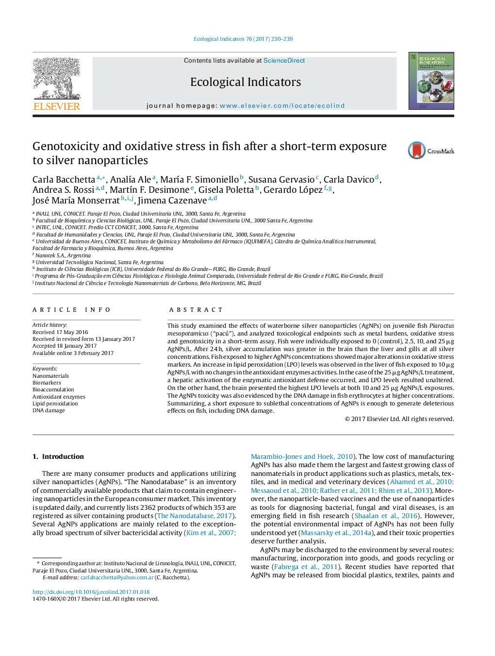 Genotoxicity and oxidative stress in fish after a short-term exposure to silver nanoparticles