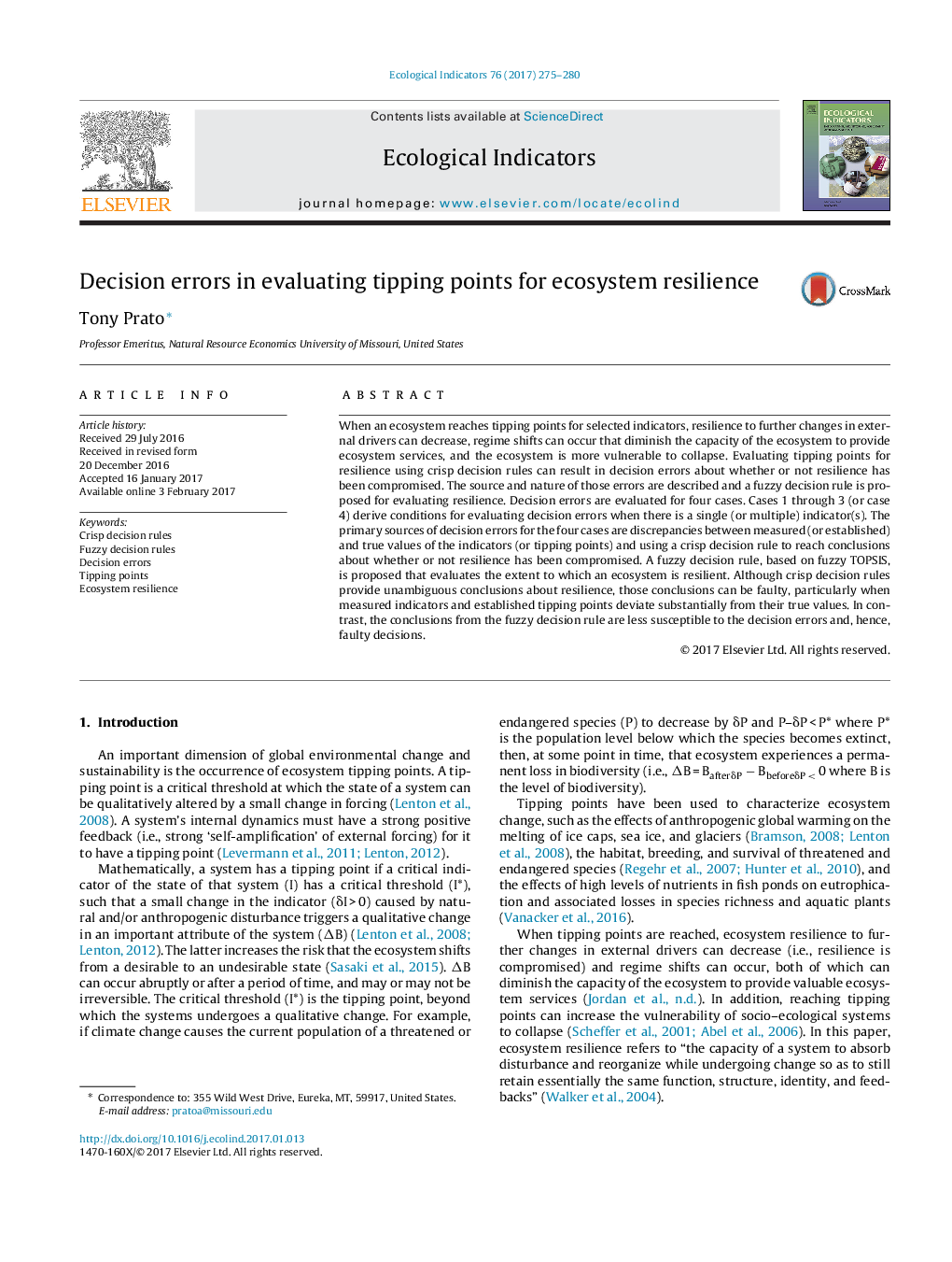 Decision errors in evaluating tipping points for ecosystem resilience