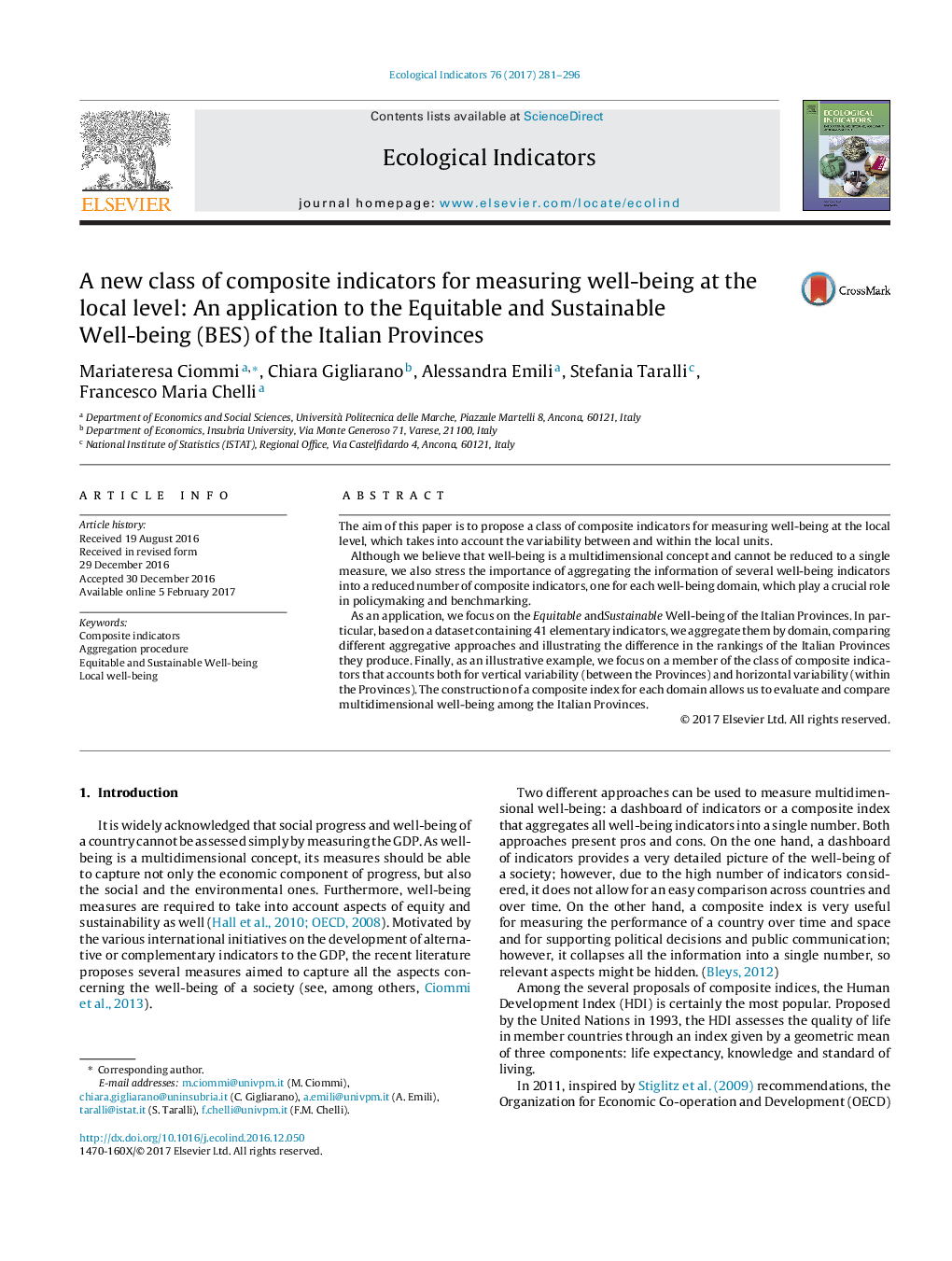 A new class of composite indicators for measuring well-being at the local level: An application to the Equitable and Sustainable Well-being (BES) of the Italian Provinces