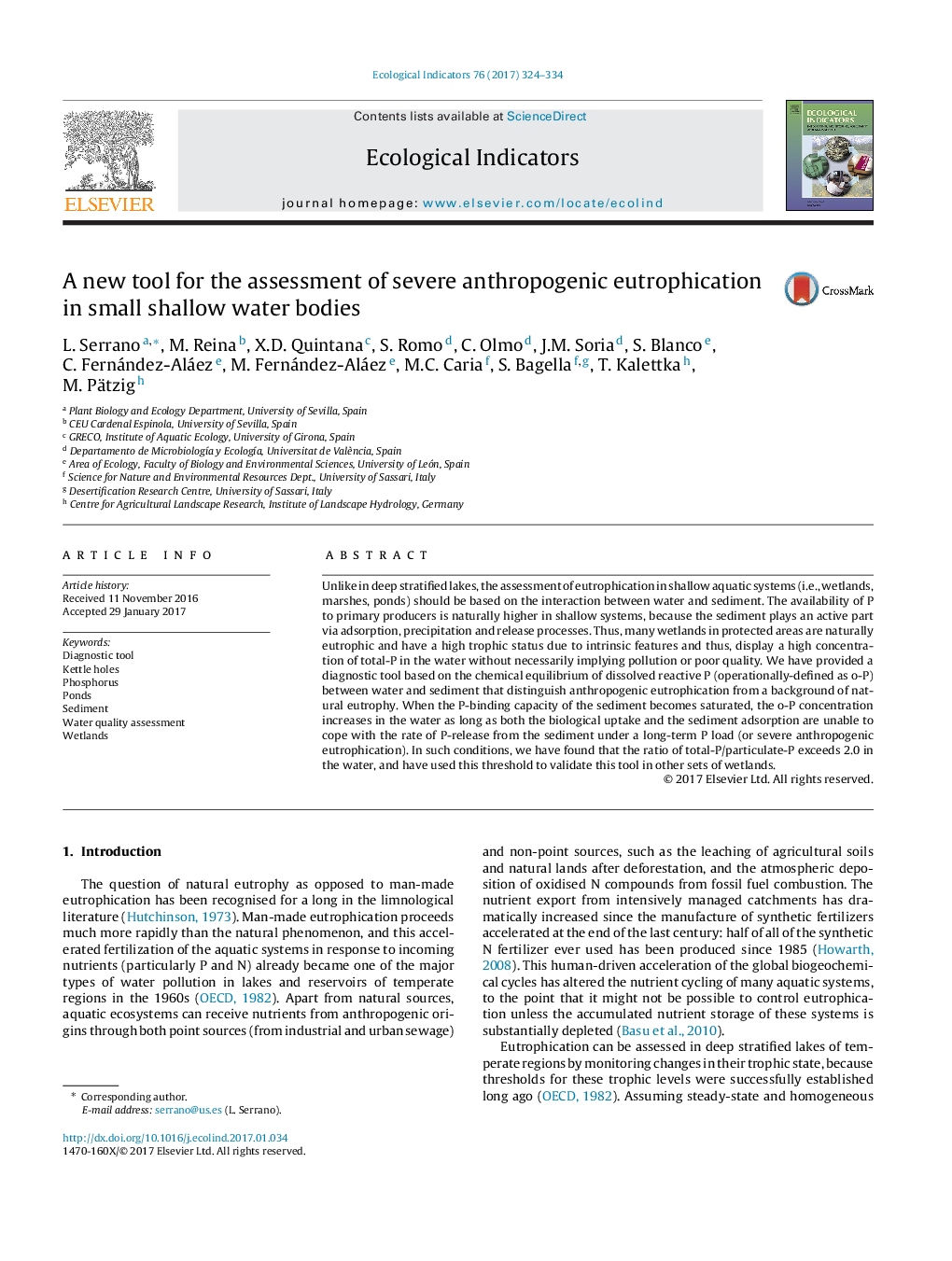 A new tool for the assessment of severe anthropogenic eutrophication in small shallow water bodies