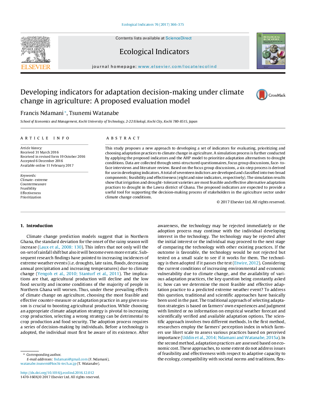 Developing indicators for adaptation decision-making under climate change in agriculture: A proposed evaluation model