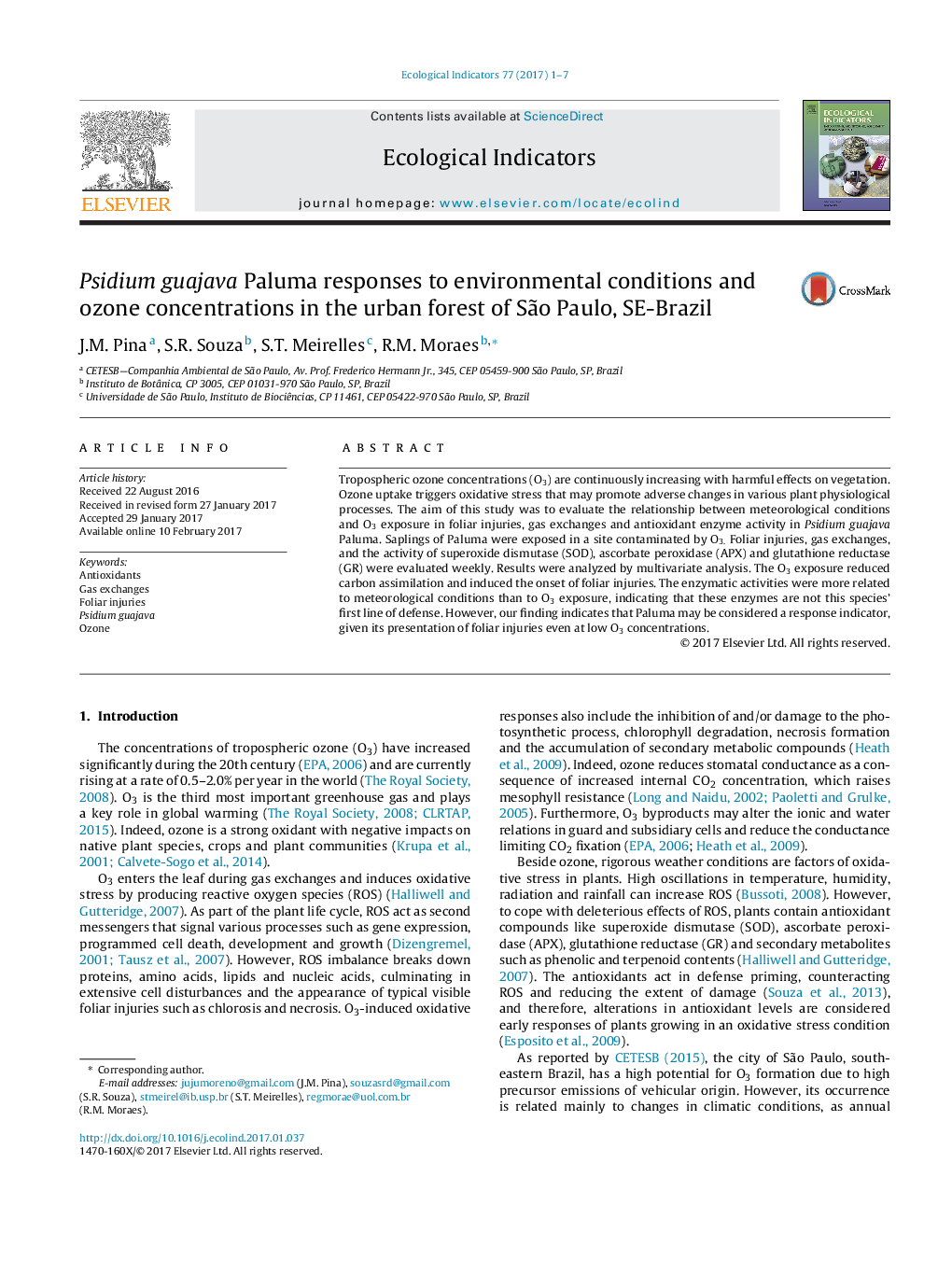 Psidium guajava Paluma responses to environmental conditions and ozone concentrations in the urban forest of SÃ£o Paulo, SE-Brazil