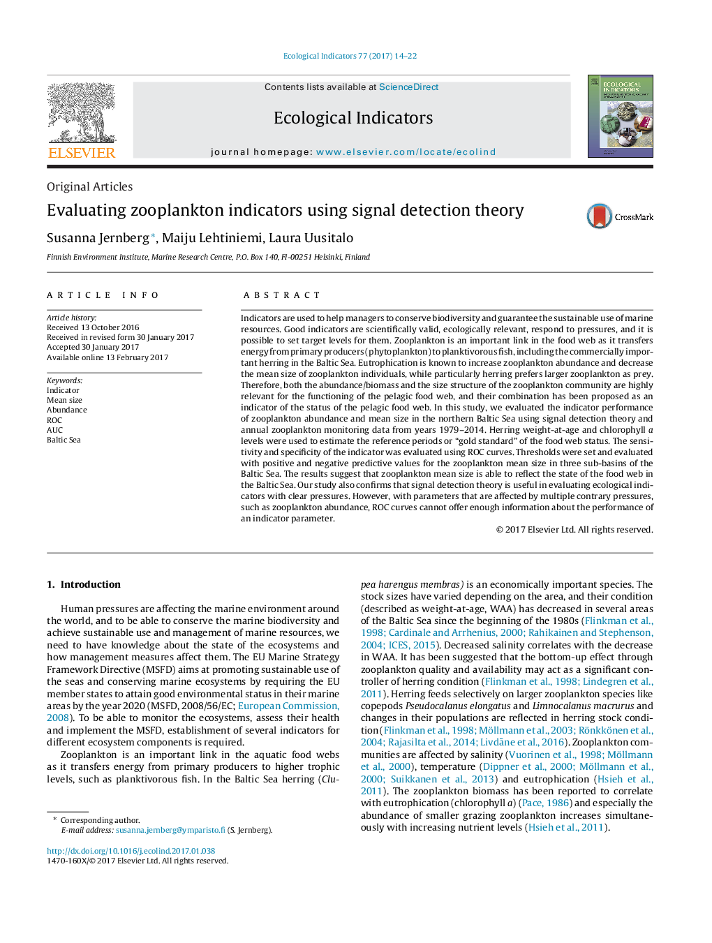 Original ArticlesEvaluating zooplankton indicators using signal detection theory