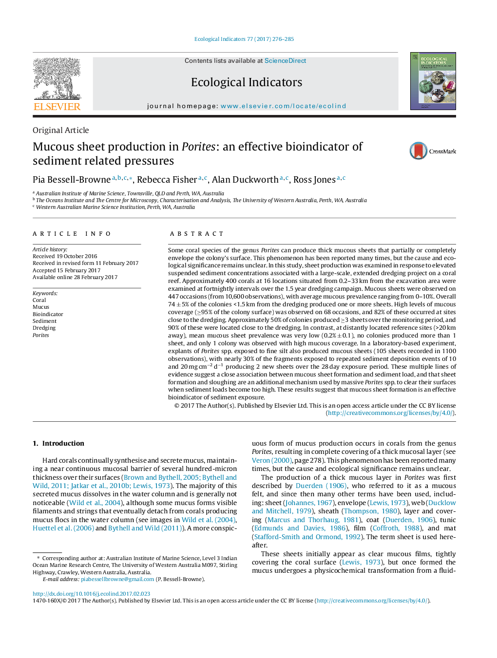 Original ArticleMucous sheet production in Porites: an effective bioindicator of sediment related pressures