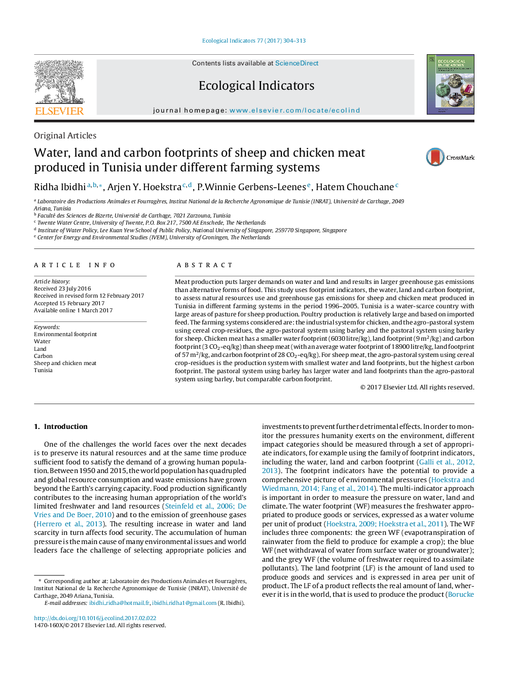 Original ArticlesWater, land and carbon footprints of sheep and chicken meat produced in Tunisia under different farming systems