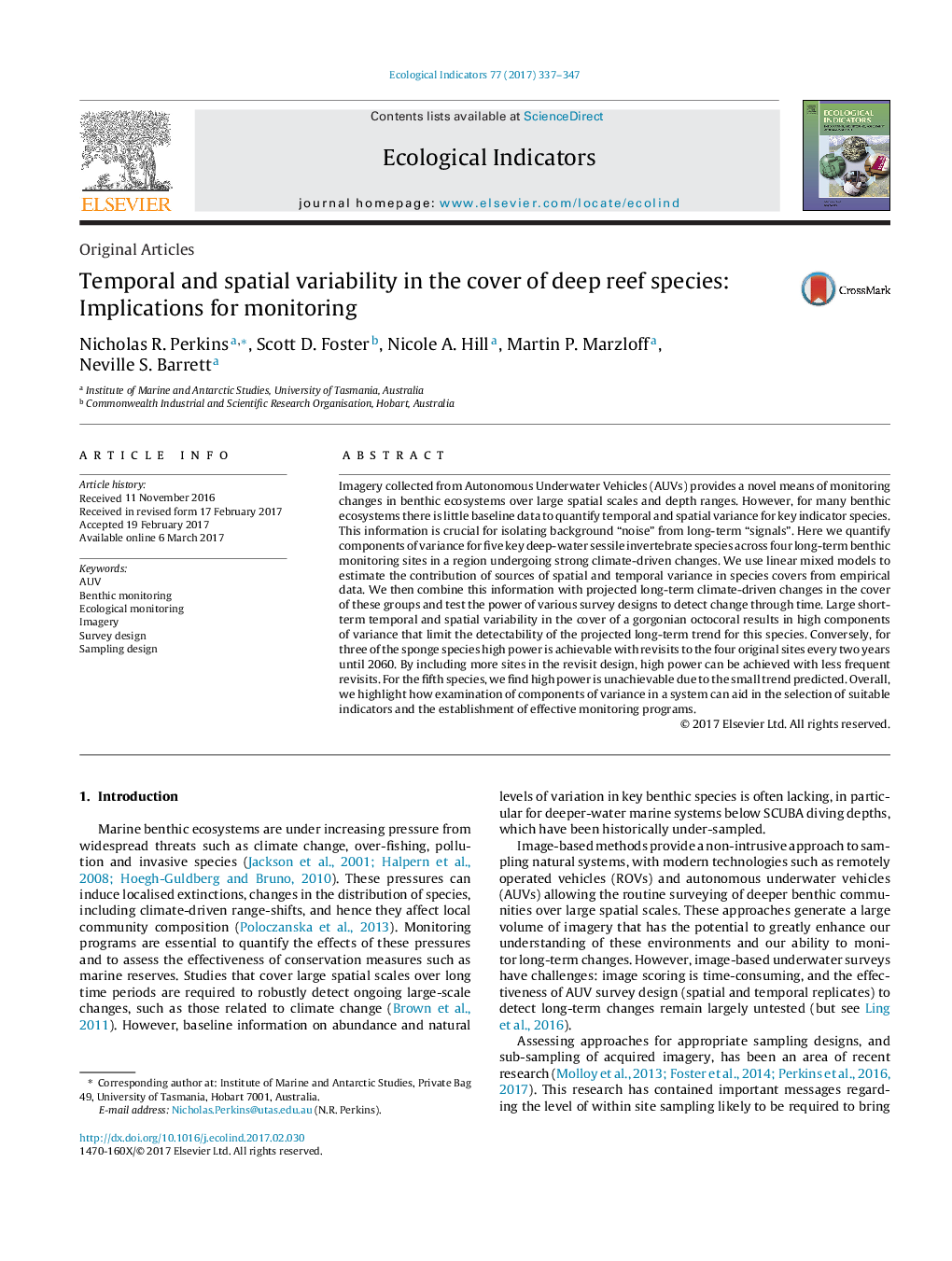 Original ArticlesTemporal and spatial variability in the cover of deep reef species: Implications for monitoring