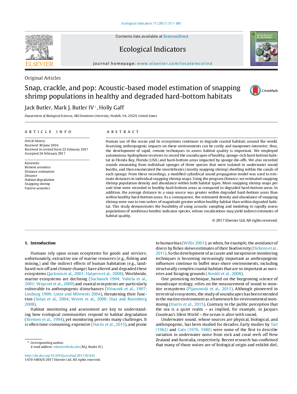 Original ArticlesSnap, crackle, and pop: Acoustic-based model estimation of snapping shrimp populations in healthy and degraded hard-bottom habitats