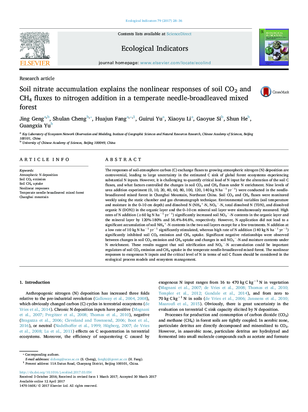 Research articleSoil nitrate accumulation explains the nonlinear responses of soil CO2 and CH4 fluxes to nitrogen addition in a temperate needle-broadleaved mixed forest