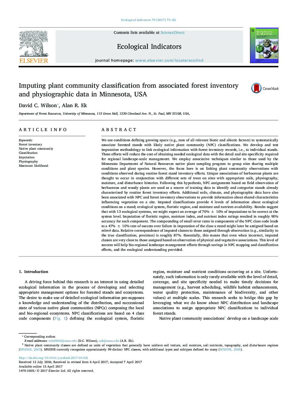 Imputing plant community classification from associated forest inventory and physiographic data in Minnesota, USA