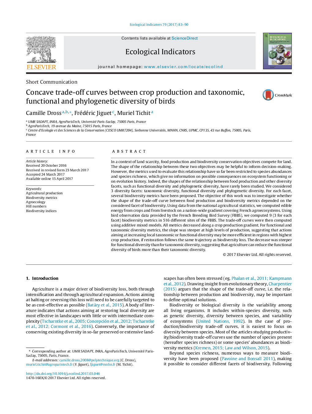 Short CommunicationConcave trade-off curves between crop production and taxonomic, functional and phylogenetic diversity of birds