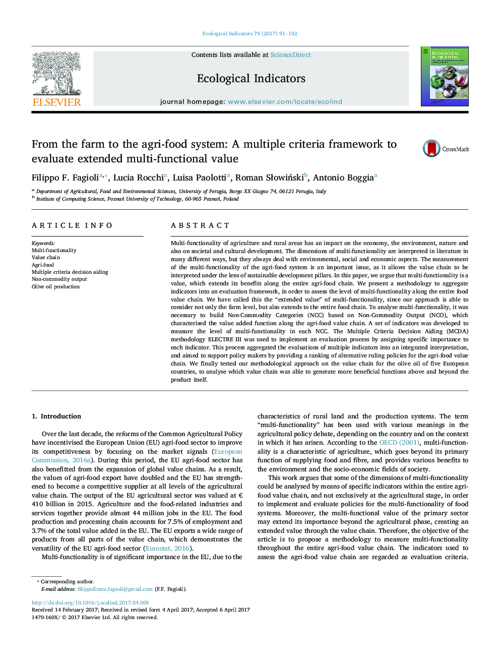 From the farm to the agri-food system: A multiple criteria framework to evaluate extended multi-functional value