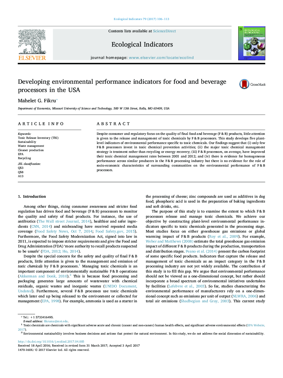 Developing environmental performance indicators for food and beverage processors in the USA