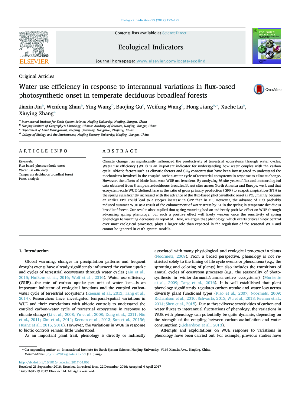 Original ArticlesWater use efficiency in response to interannual variations in flux-based photosynthetic onset in temperate deciduous broadleaf forests