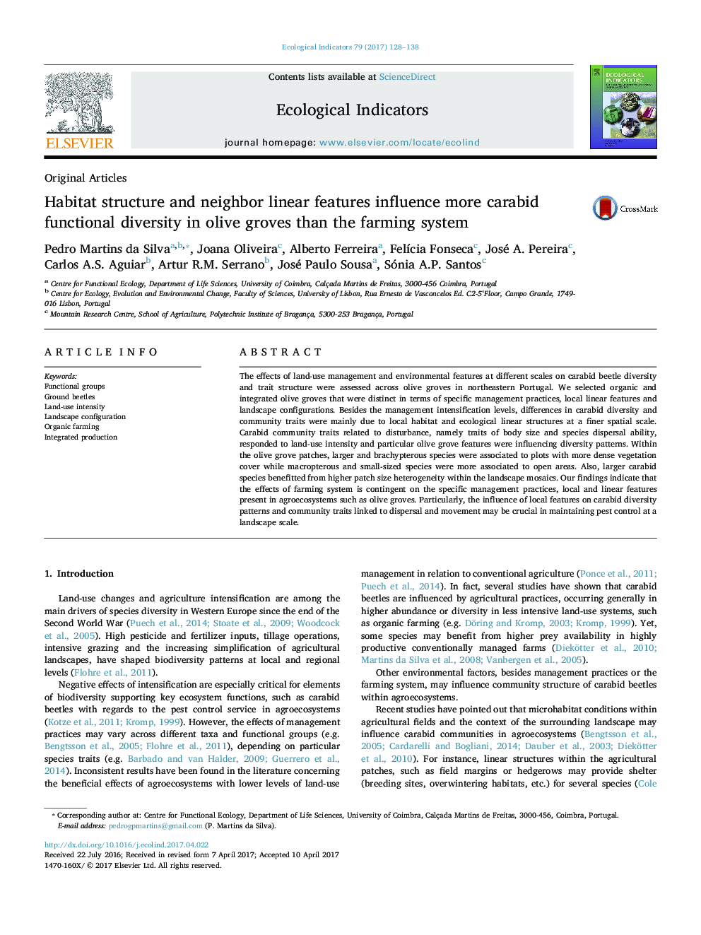 Original ArticlesHabitat structure and neighbor linear features influence more carabid functional diversity in olive groves than the farming system