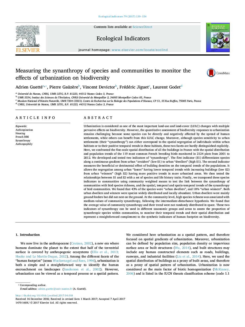 Measuring the synanthropy of species and communities to monitor the effects of urbanization on biodiversity