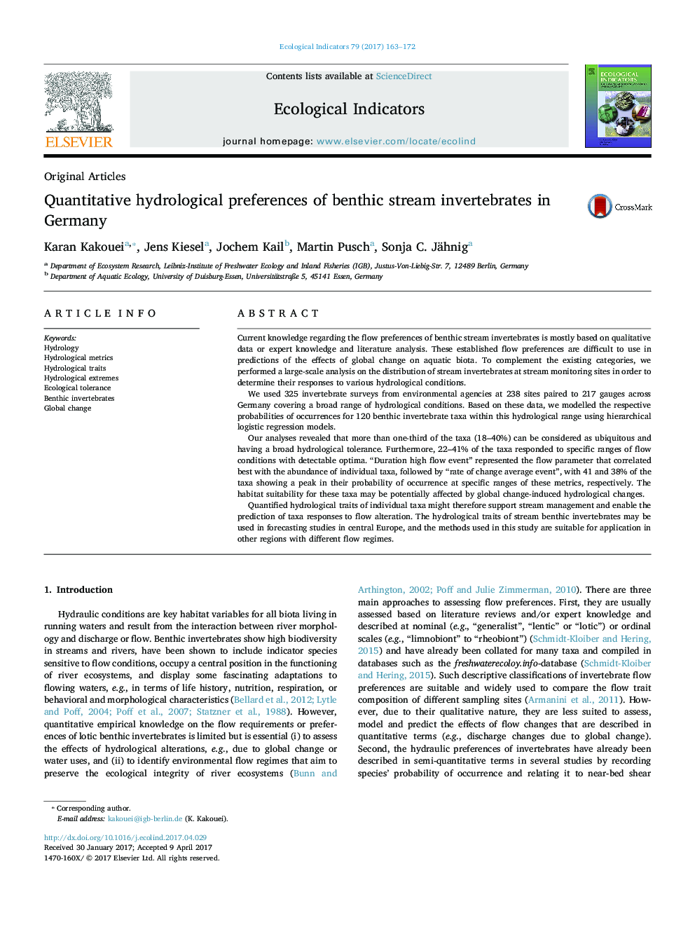 Original ArticlesQuantitative hydrological preferences of benthic stream invertebrates in Germany