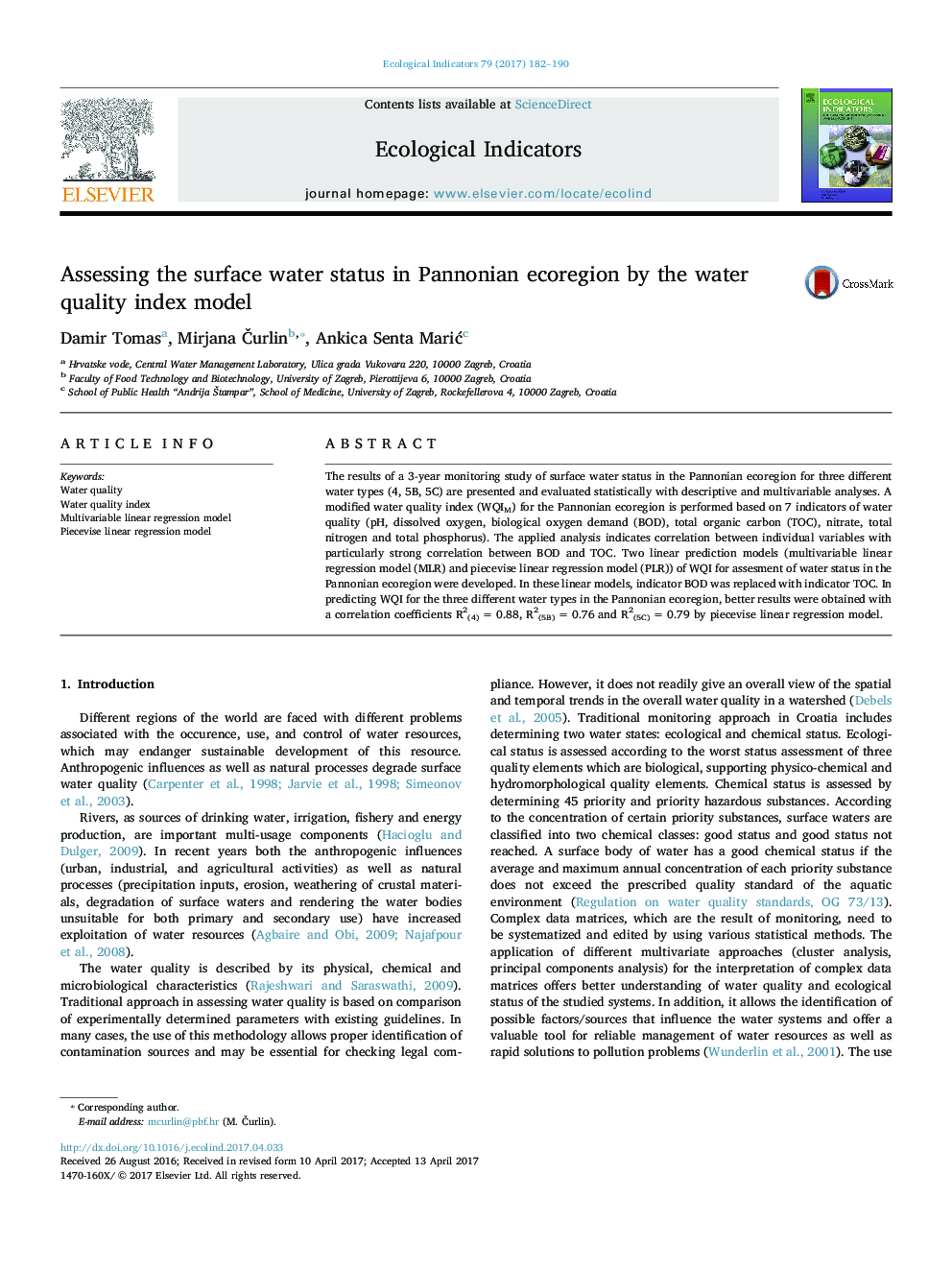 Assessing the surface water status in Pannonian ecoregion by the water quality index model