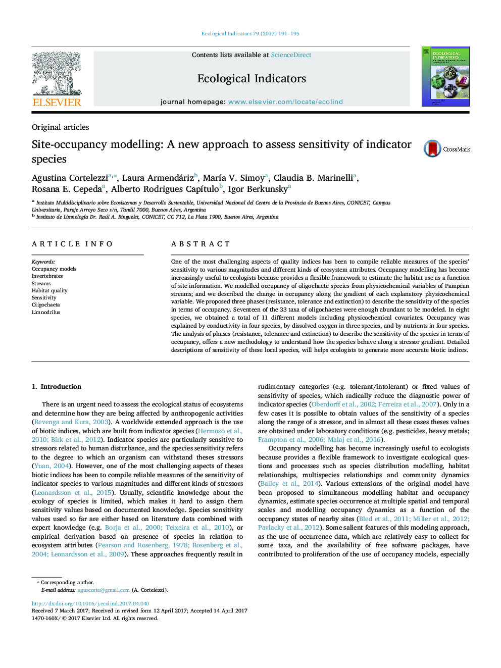 Site-occupancy modelling: A new approach to assess sensitivity of indicator species