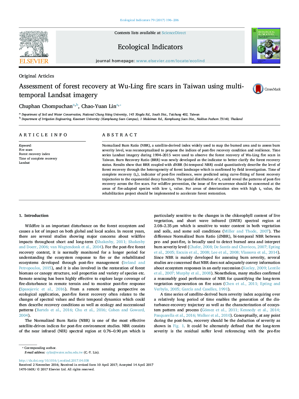 Original ArticlesAssessment of forest recovery at Wu-Ling fire scars in Taiwan using multi-temporal Landsat imagery