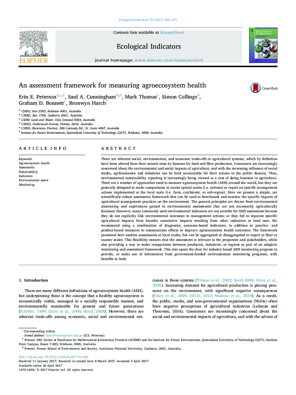 An assessment framework for measuring agroecosystem health