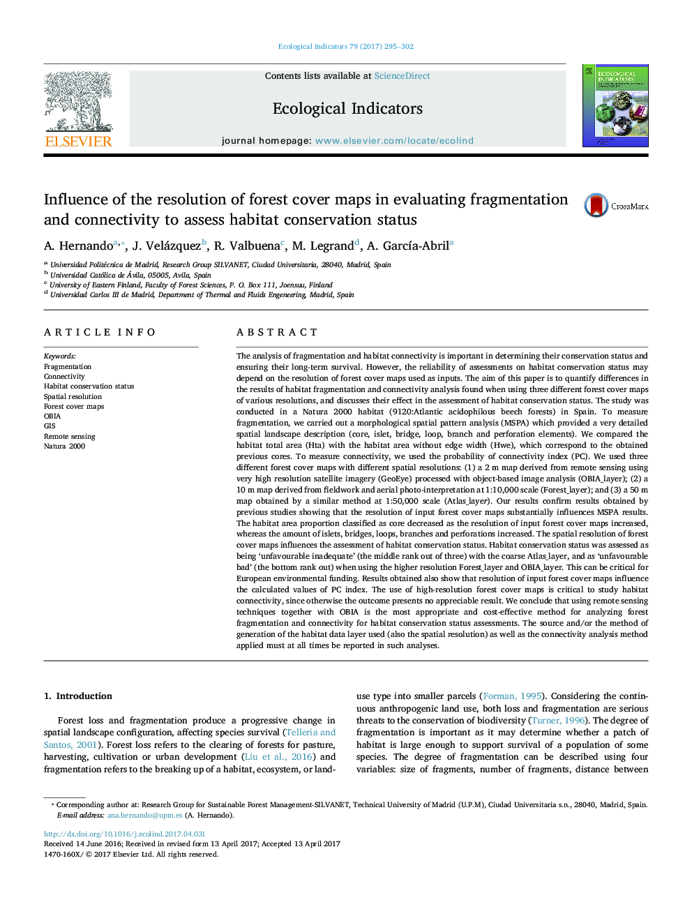 Influence of the resolution of forest cover maps in evaluating fragmentation and connectivity to assess habitat conservation status