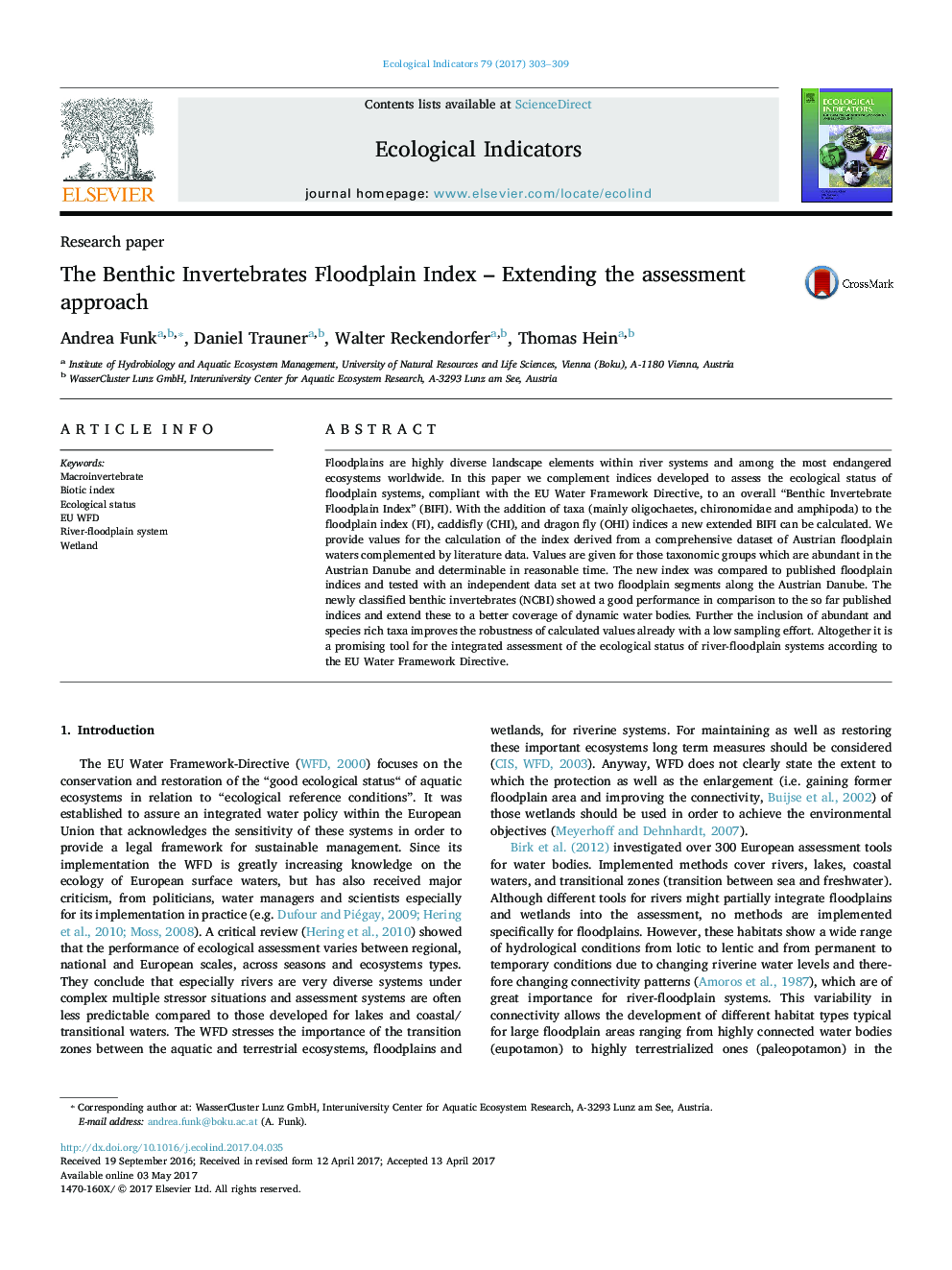 Research paperThe Benthic Invertebrates Floodplain Index - Extending the assessment approach