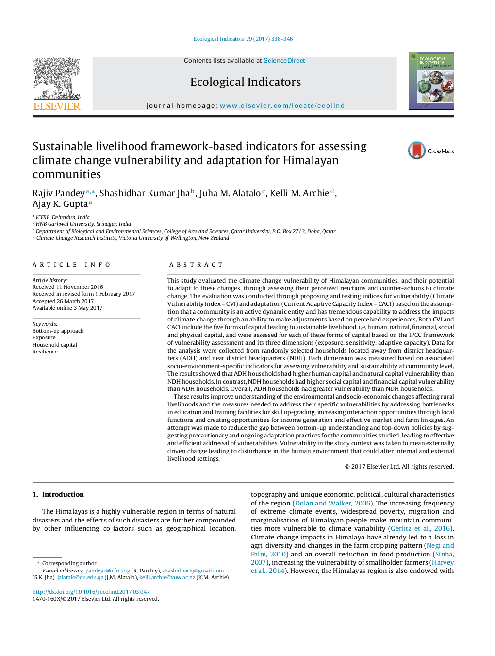 Sustainable livelihood framework-based indicators for assessing climate change vulnerability and adaptation for Himalayan communities