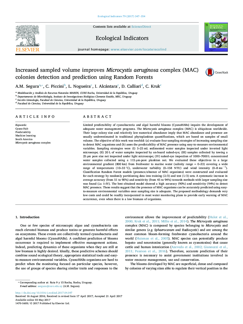 Increased sampled volume improves Microcystis aeruginosa complex (MAC) colonies detection and prediction using Random Forests