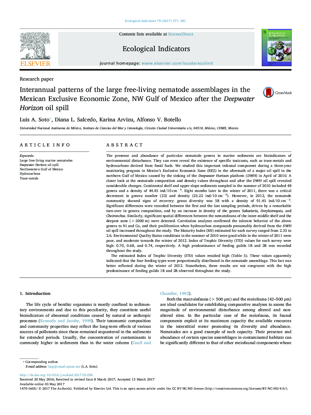 Research paperInterannual patterns of the large free-living nematode assemblages in the Mexican Exclusive Economic Zone, NW Gulf of Mexico after the Deepwater Horizon oil spill