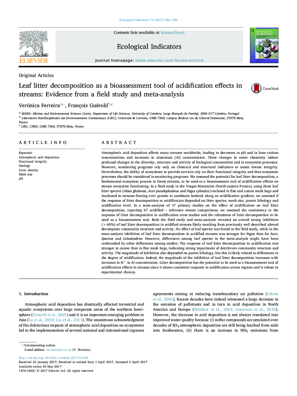 Original ArticlesLeaf litter decomposition as a bioassessment tool of acidification effects in streams: Evidence from a field study and meta-analysis