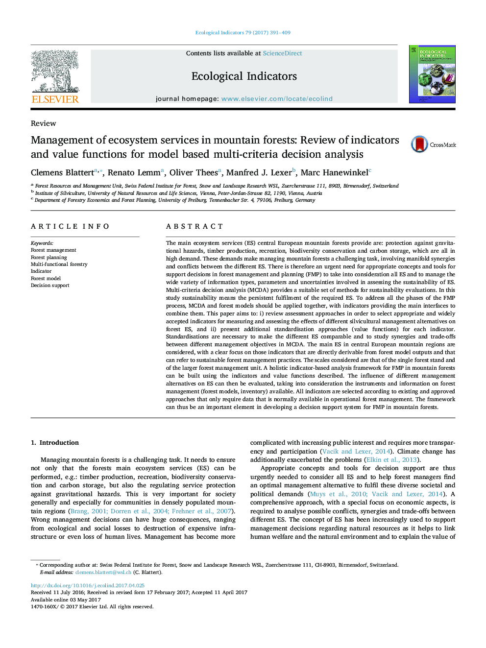 ReviewManagement of ecosystem services in mountain forests: Review of indicators and value functions for model based multi-criteria decision analysis