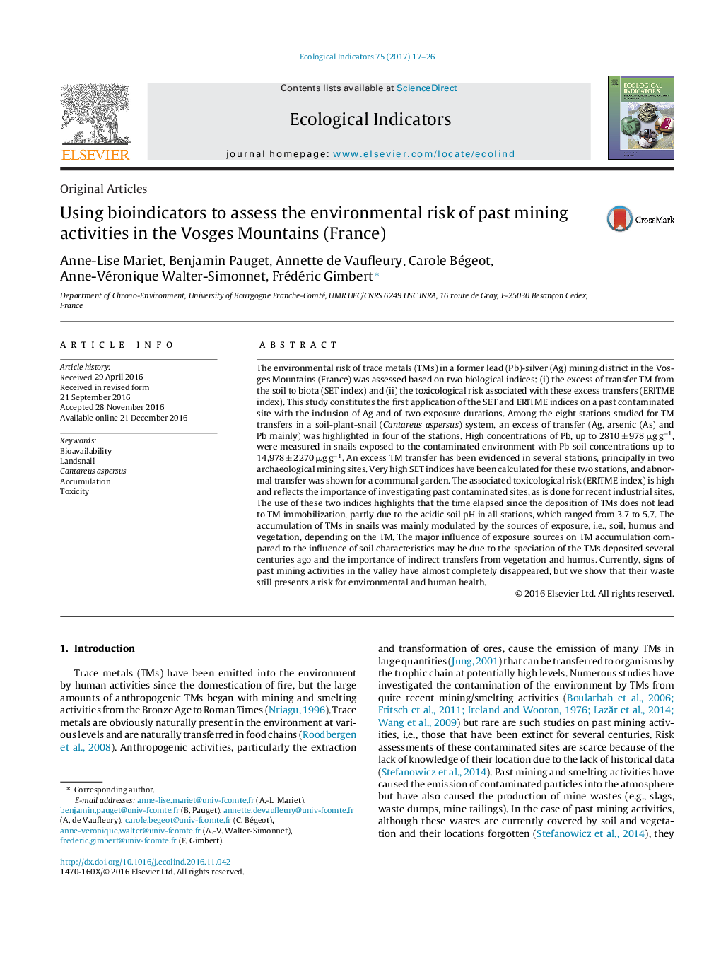 Original ArticlesUsing bioindicators to assess the environmental risk of past mining activities in the Vosges Mountains (France)